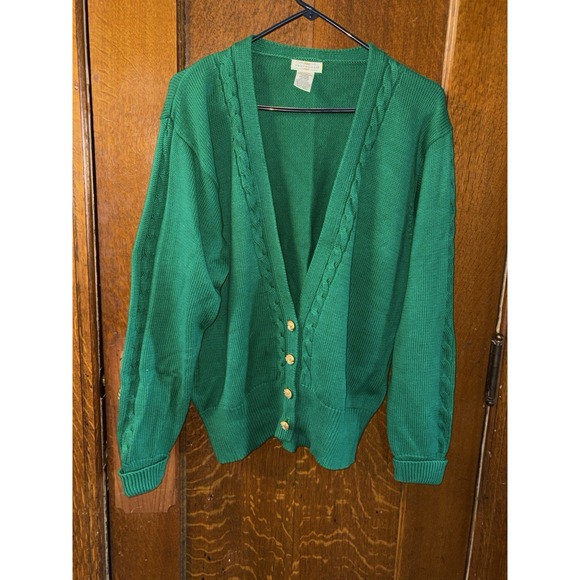 Yarnworks Tops - Vintage Yarnworks Large Green Cardigan Gold Buttons Cable Knit Grandma Cottage